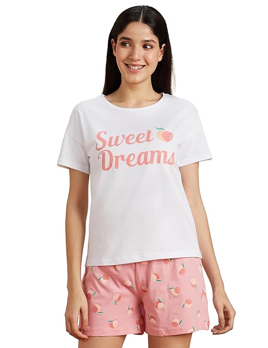 Amazon Brand - Symbol Women's Cotton Regular Fit T-Shirt and Shorts Night Suit | Two Piece Set (Available in Plus Sizes)